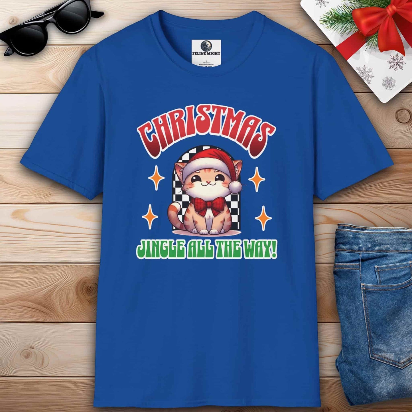 Jingle All The Way royal blue graphic t-shirt with a festive cat design