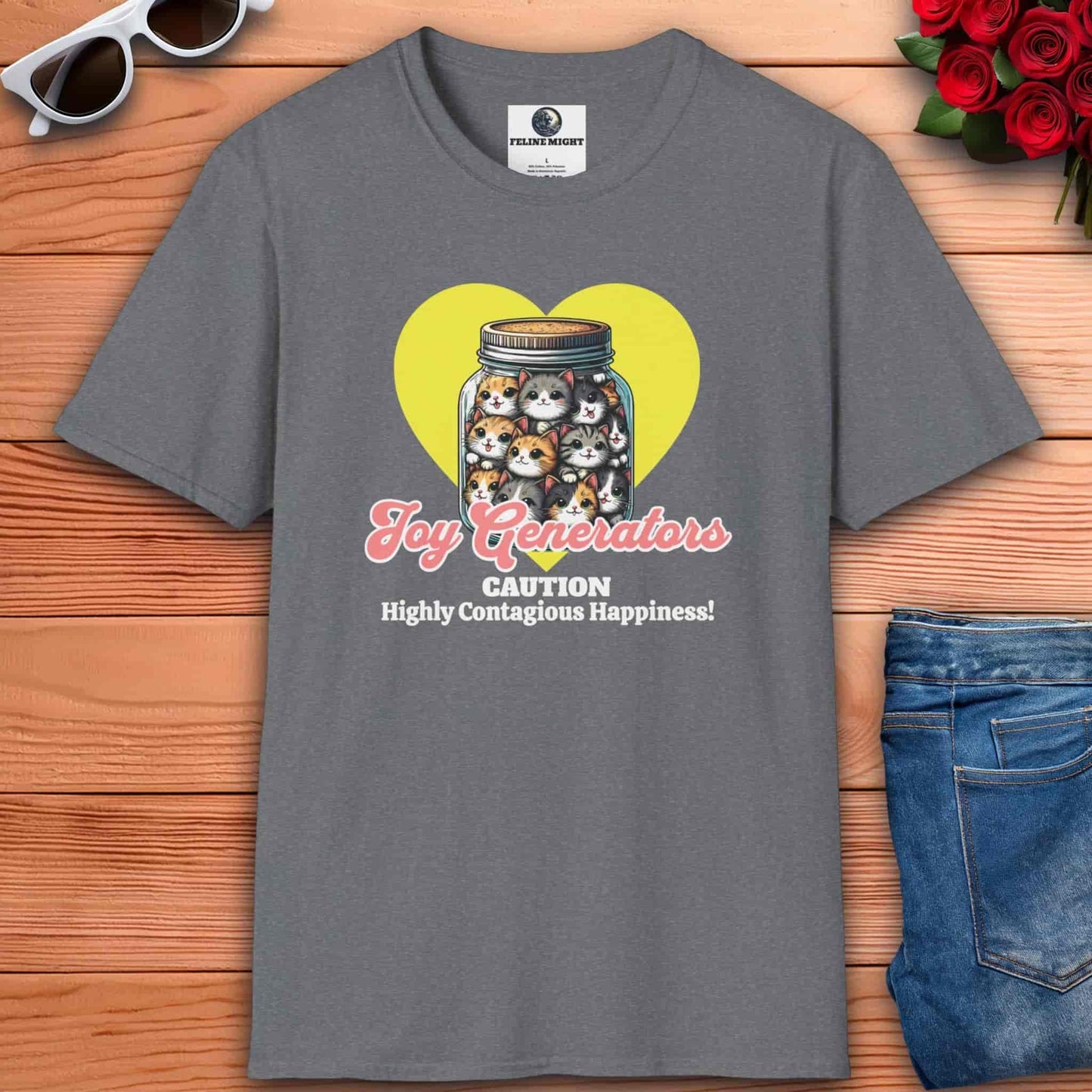 Athletic heather grey t-shirt with a graphic of a jar filled with cute cats and the text 'Joy Generators' and 'Caution Highly Contagious Happiness!'