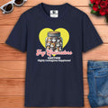A navy blue Joy Generators Cat Graphic T-Shirt that features a jar filled with cute cats and the text 'Caution: Highly Contagious Happiness!'