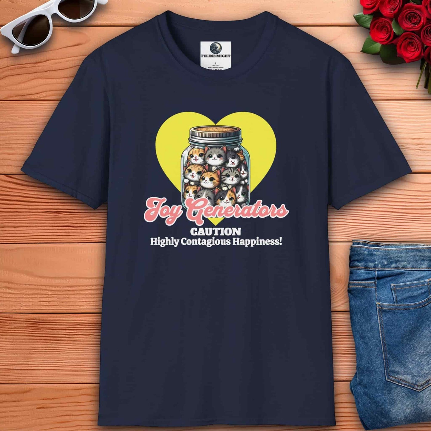 Navy blue t-shirt with a graphic of a jar filled with cute cats and the text 'Joy Generators' and 'Caution Highly Contagious Happiness!'