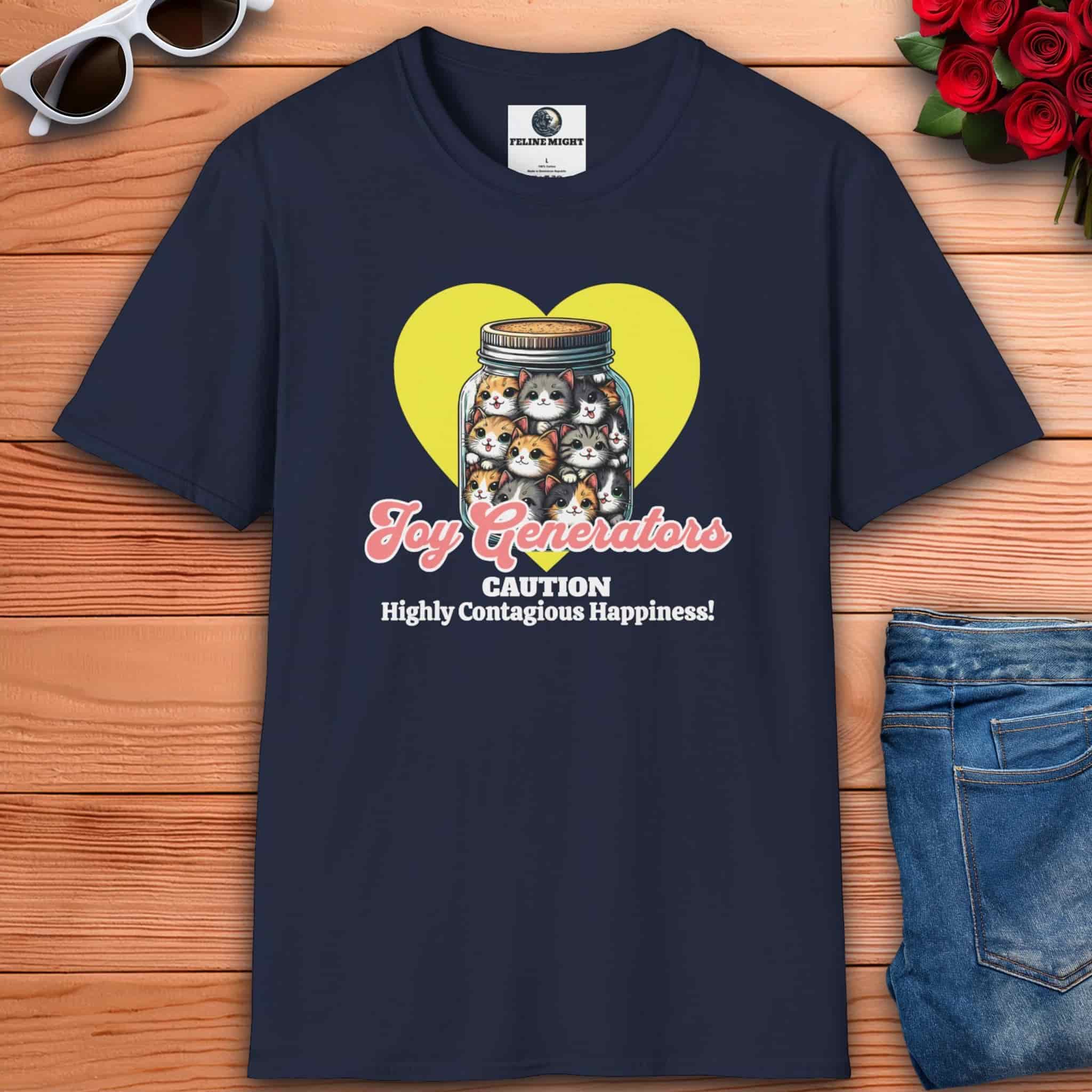 A navy blue Joy Generators Cat Graphic T-Shirt that features a jar filled with cute cats and the text 'Caution: Highly Contagious Happiness!'