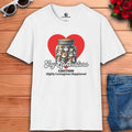 A white Joy Generators Cat Graphic T-Shirt that features a jar filled with cute cats and the text 'Caution: Highly Contagious Happiness!'