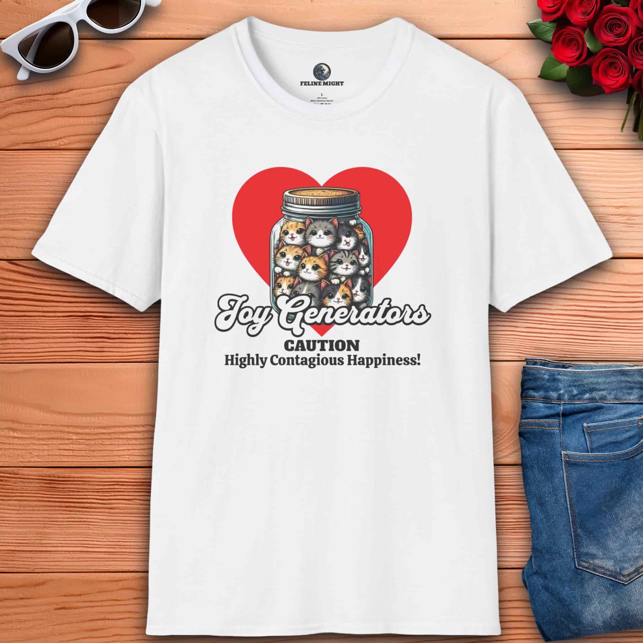 A white Joy Generators Cat Graphic T-Shirt that features a jar filled with cute cats and the text 'Caution: Highly Contagious Happiness!'