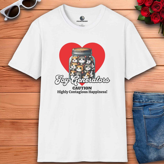 White t-shirt with a graphic of a jar filled with cute cats and the text 'Joy Generators' and 'Caution Highly Contagious Happiness!'