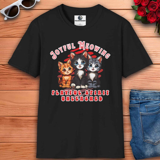 Black t-shirt with 'Joyful Meowing' graphic featuring three playful kittens.