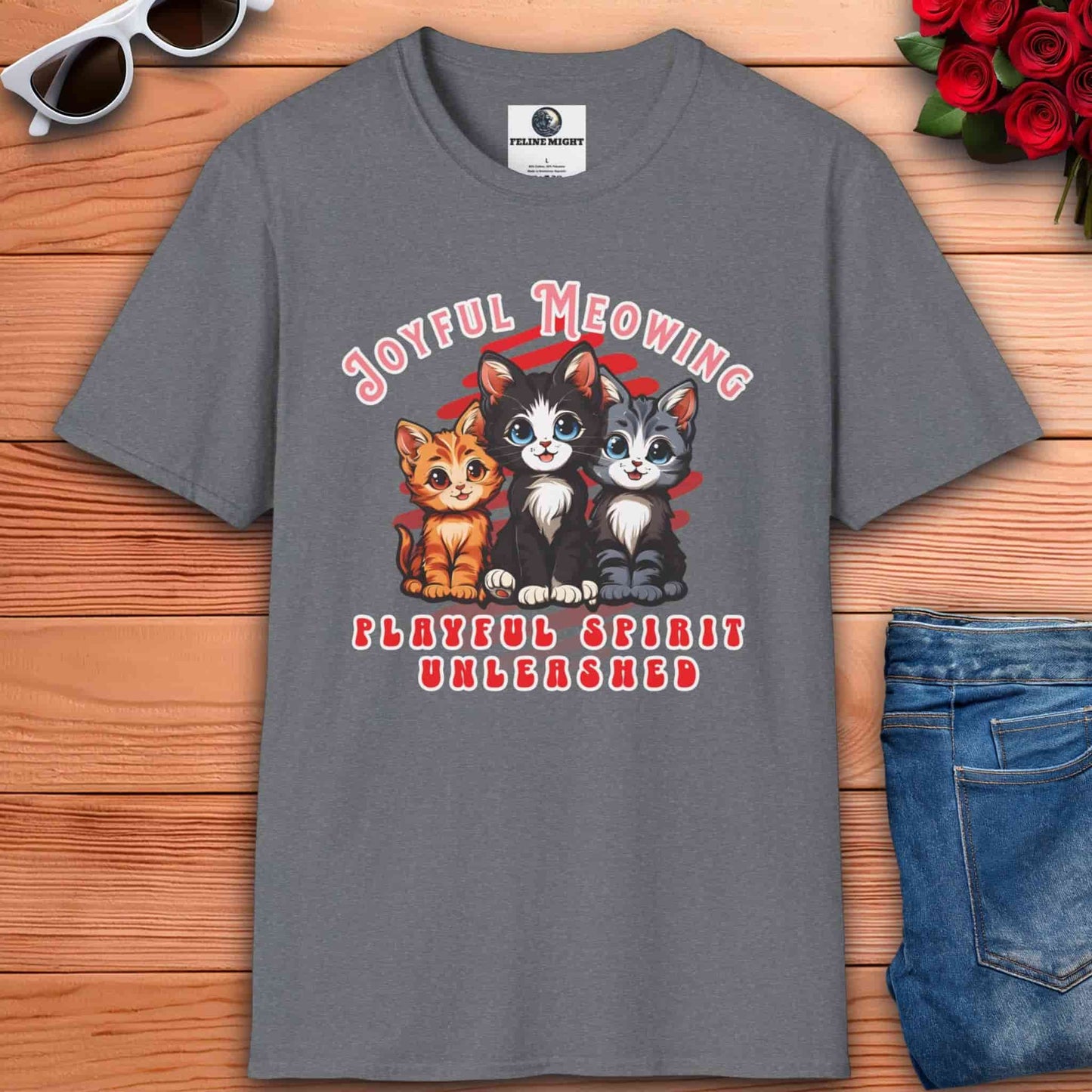 Athletic heather grey t-shirt with 'Joyful Meowing' graphic featuring three playful kittens.