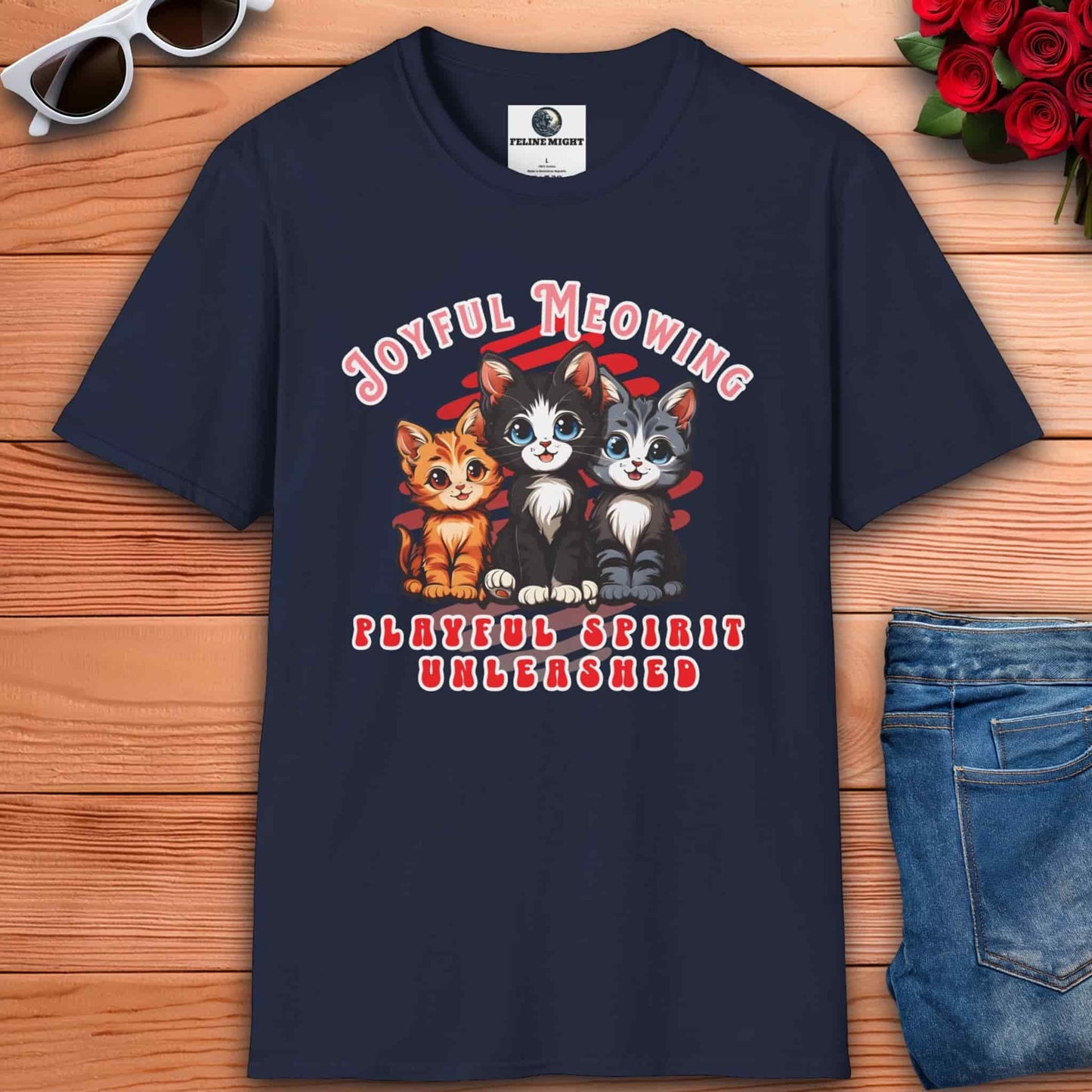 Navy blue t-shirt with 'Joyful Meowing' graphic featuring three playful kittens.