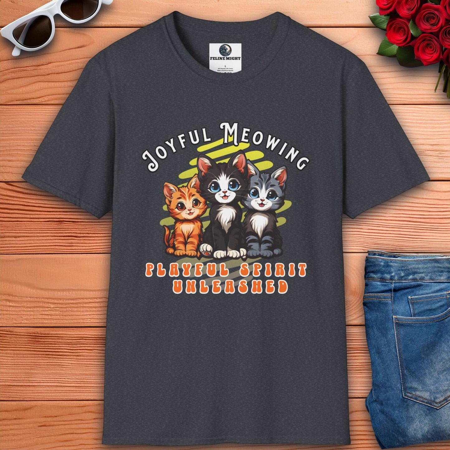 Dark heather grey t-shirt featuring playful kittens with the text 'Joyful Meowing' and 'Playful Spirit Unleashed'