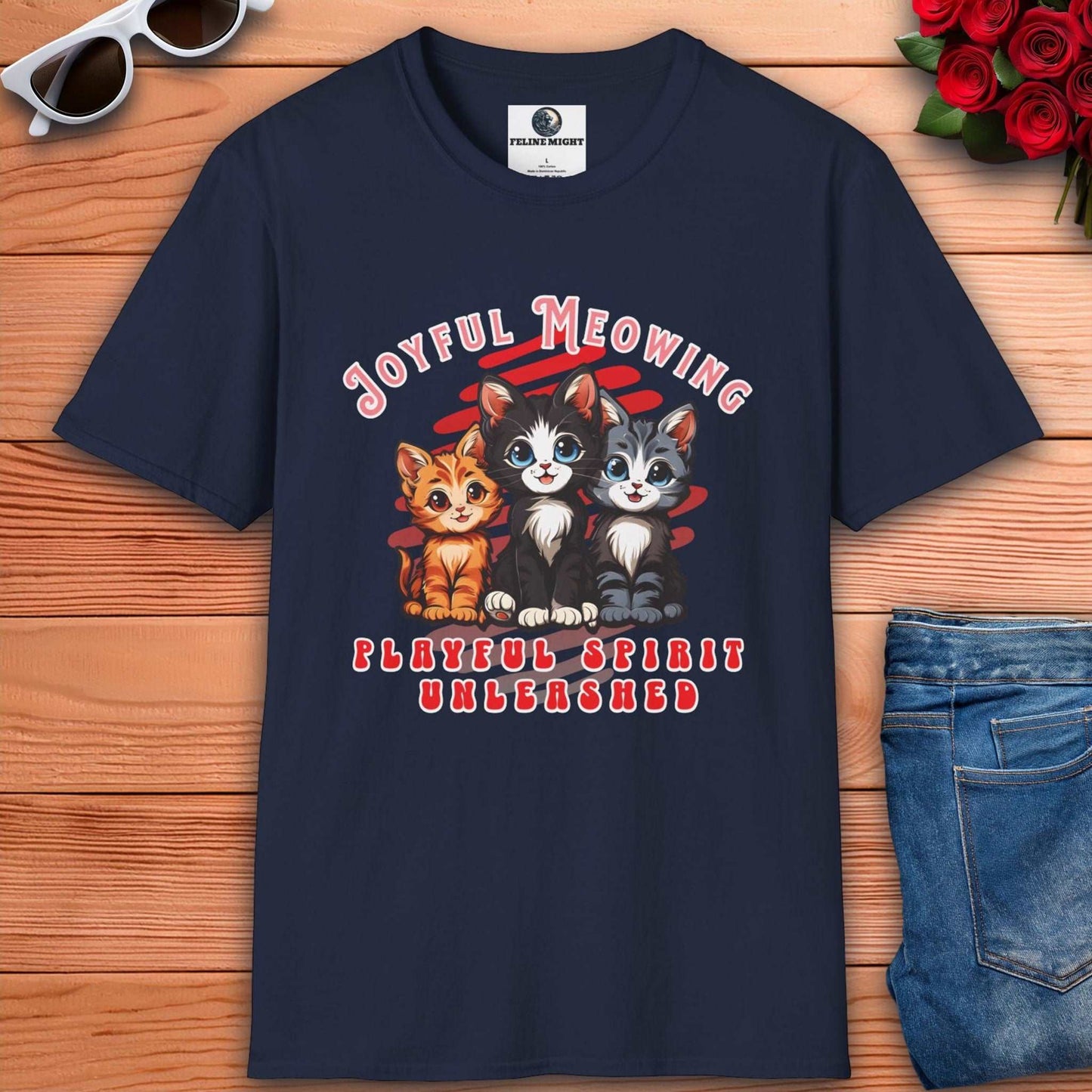 Navy blue t-shirt featuring playful kittens with the text 'Joyful Meowing' and 'Playful Spirit Unleashed'