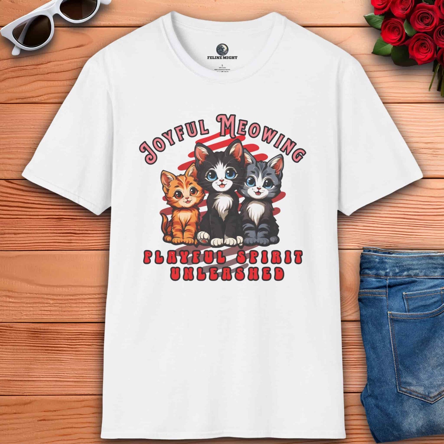 White t-shirt with 'Joyful Meowing' graphic featuring three playful kittens.