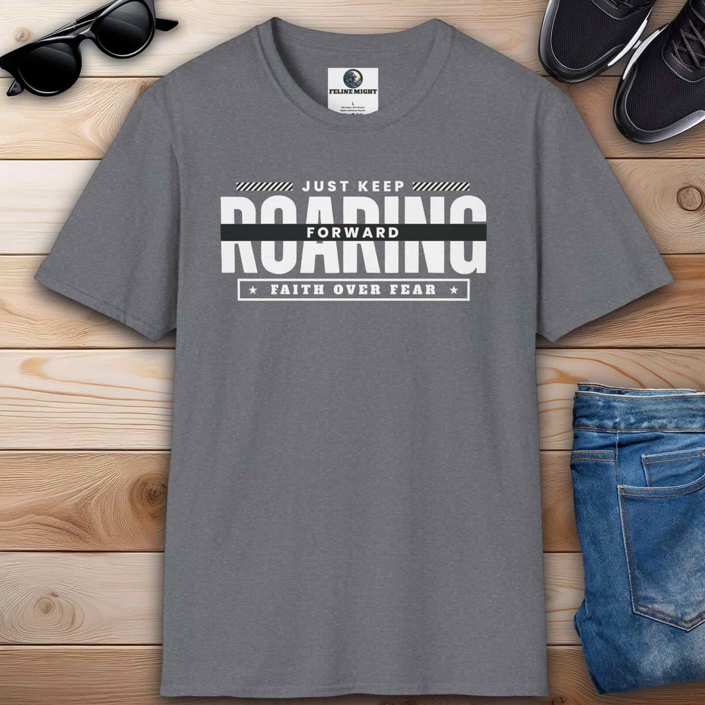 Motivational gray Just Keep Roaring Forward T-shirt with 'Just Keep Roaring Forward' text