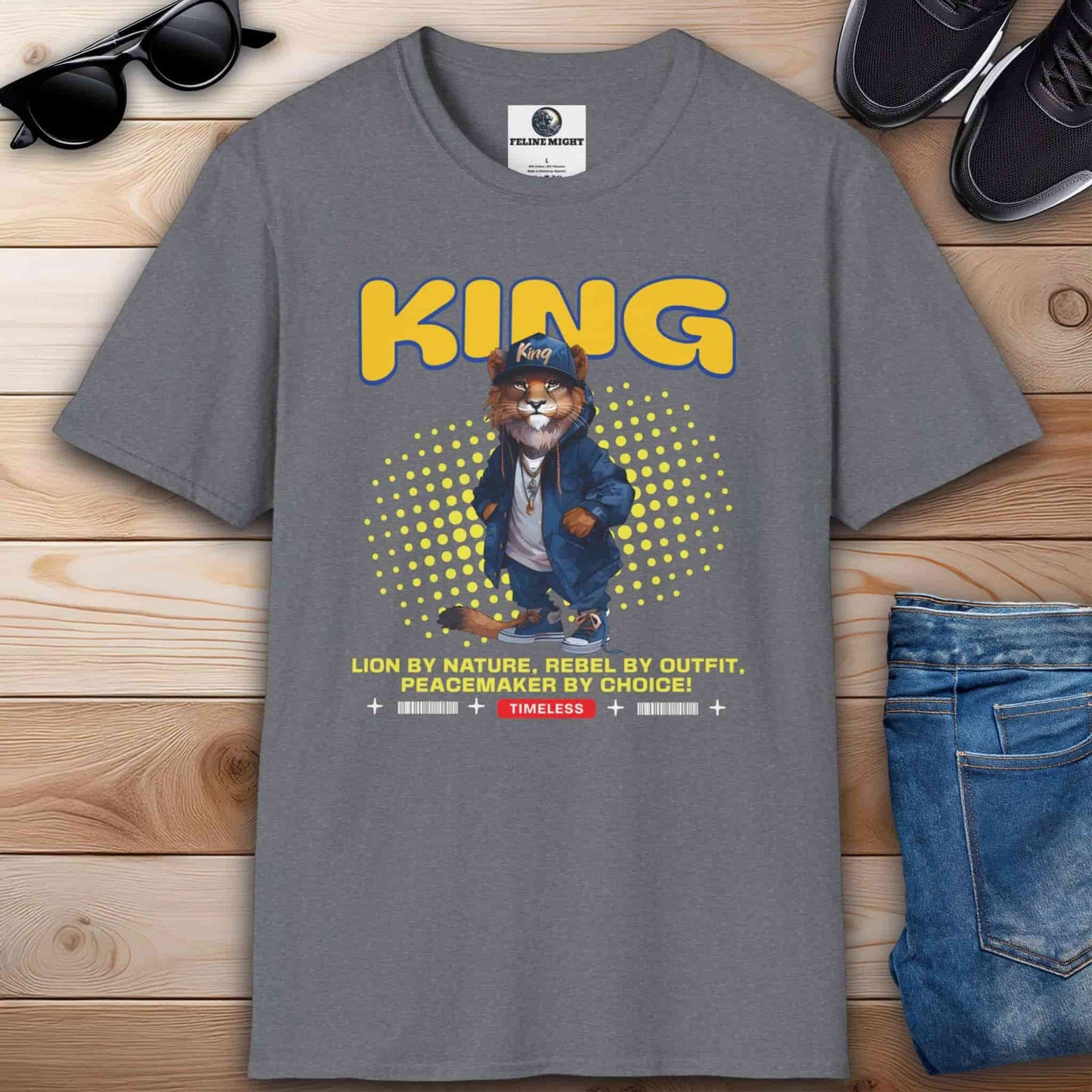 A stylish athletic heather grey t-shirt featuring a lion character with the word 'KING' and a catchy slogan.