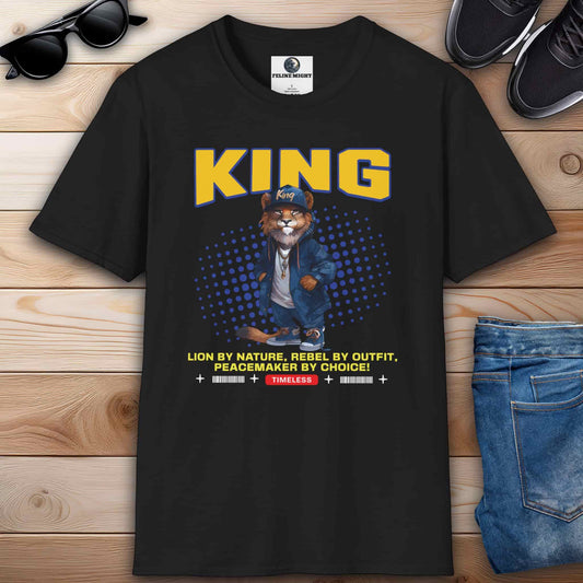 A stylish black King Lion T-Shirt featuring a lion character with the word 'KING' and a catchy slogan.