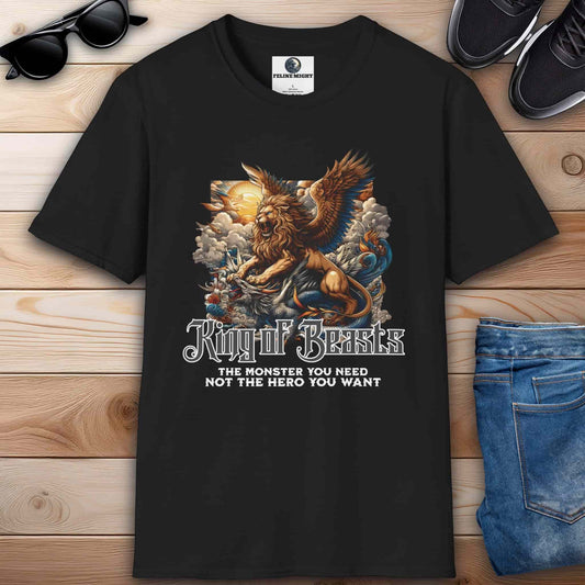 Black t-shirt featuring a winged lion with the text 'King of Beasts: The Monster You Need, Not the Hero You Want.'