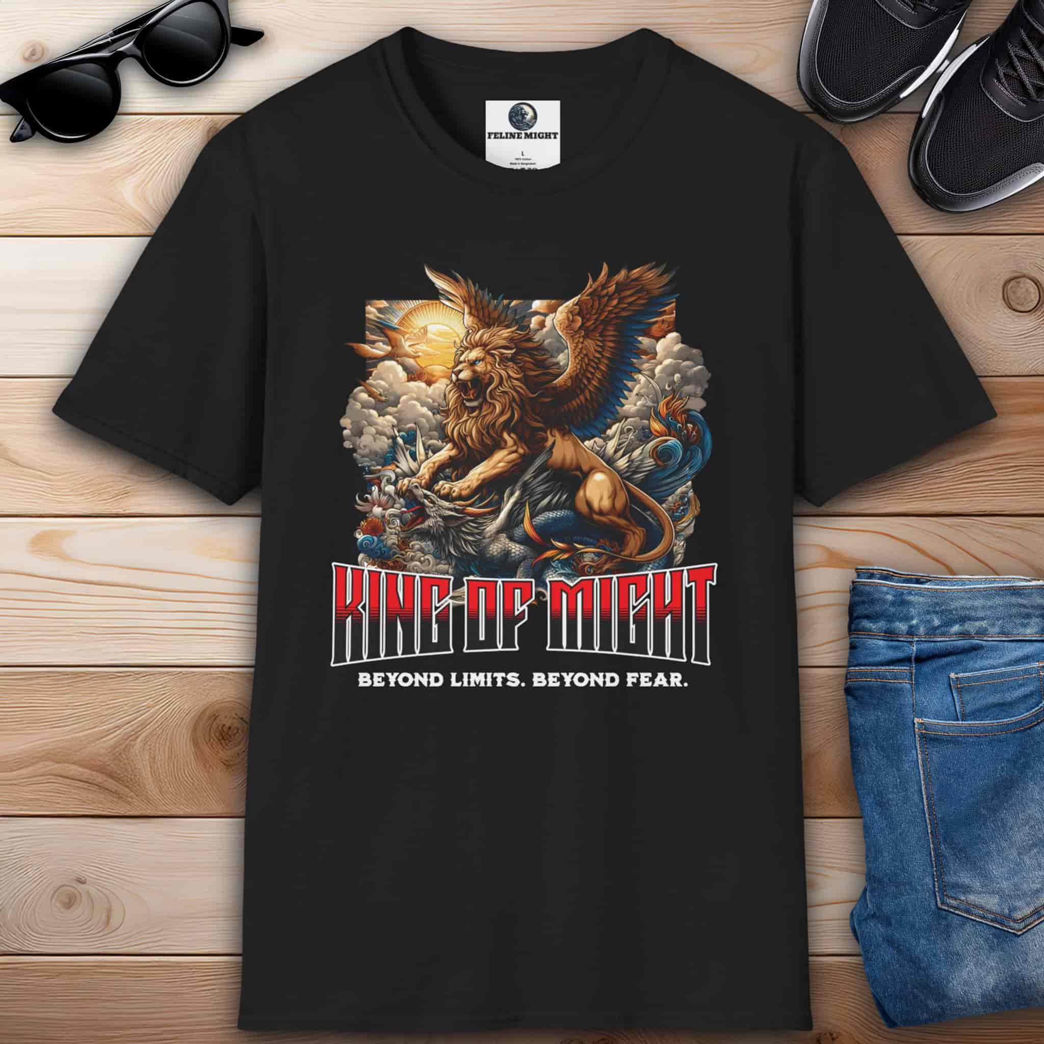 Black King of Might Lion T-Shirt featuring a winged lion and dragon design with the text 'King of Might' and 'Beyond Limits. Beyond Fear.'