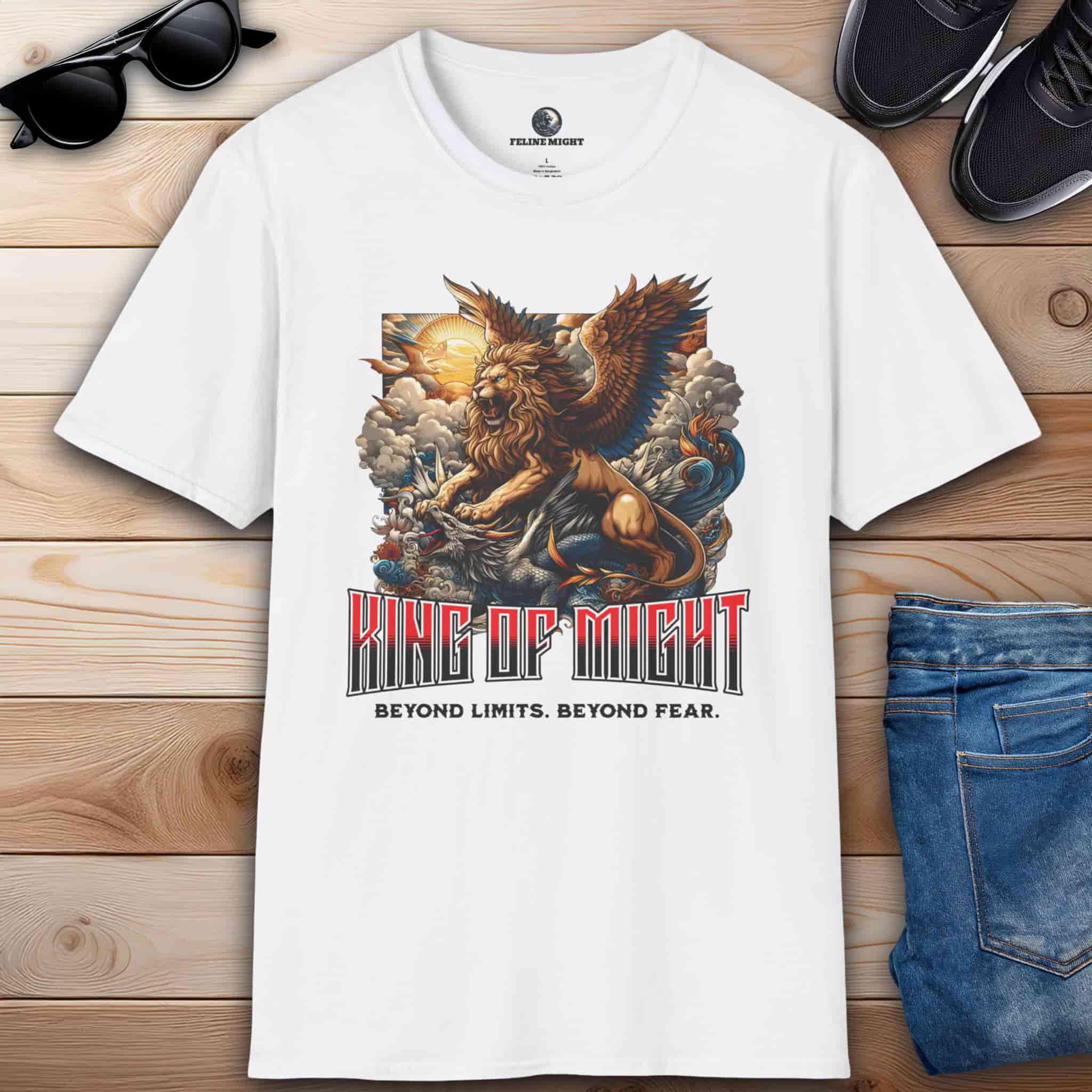 White King of Might Lion T-Shirt featuring a winged lion and dragon design with the text 'King of Might' and 'Beyond Limits. Beyond Fear.'