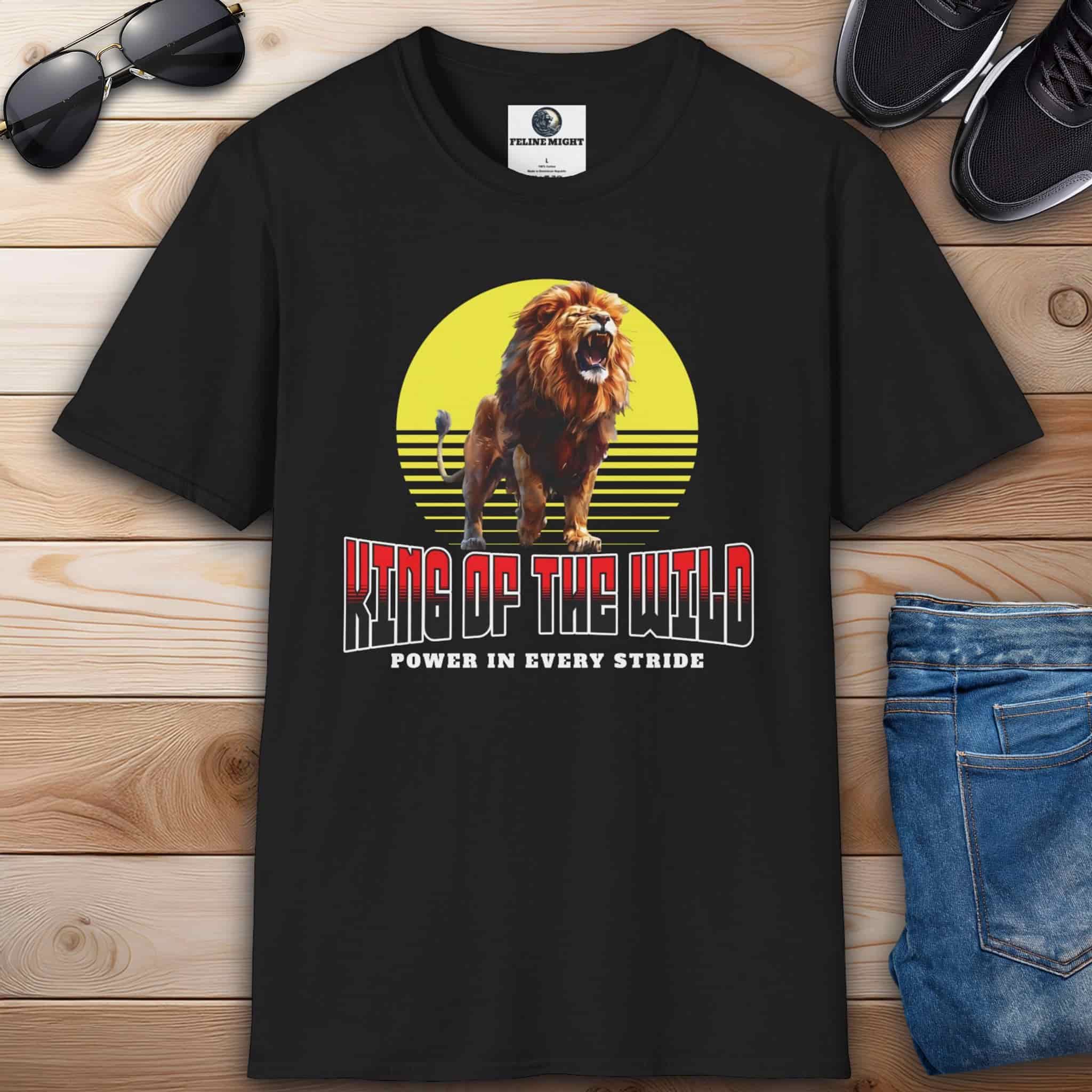 A black King of the Wild Lion T-Shirt featuring a bold lion graphic with the text 'King of the Wild - Power in Every Stride'.