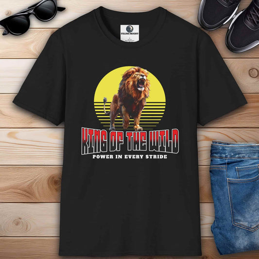 A black King of the Wild Lion T-Shirt featuring a roaring lion graphic with 'King of the Wild' text.
