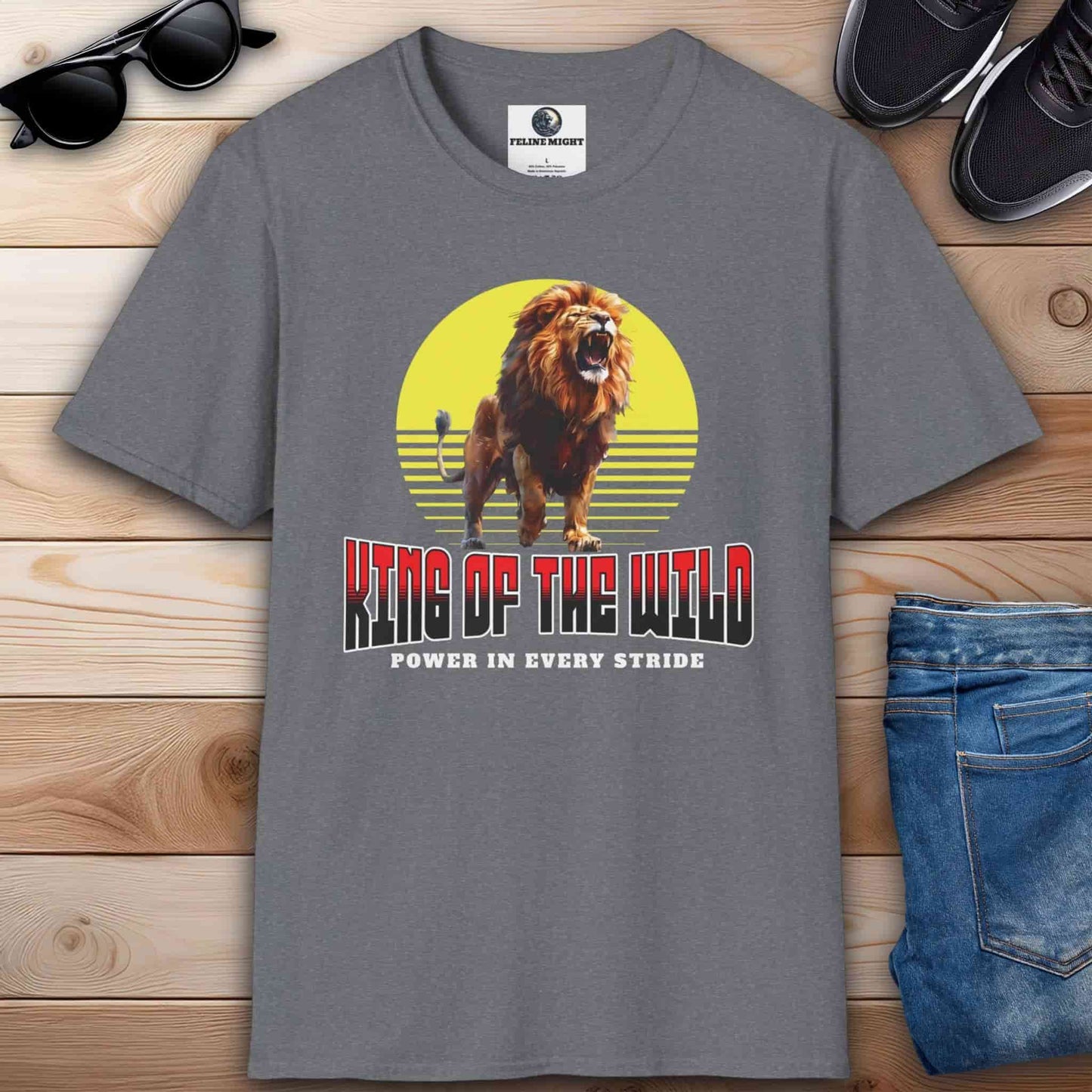 A gray King of the Wild Lion T-Shirt featuring a roaring lion graphic with 'King of the Wild' text.