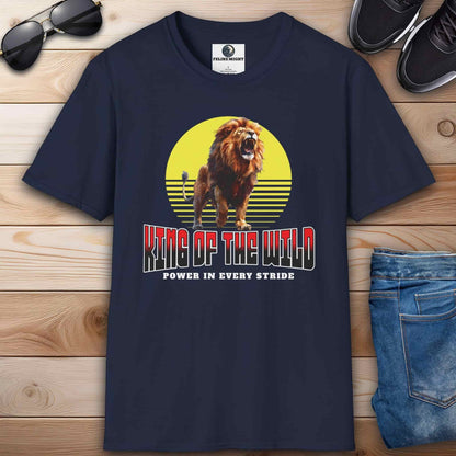A navy blue King of the Wild Lion T-Shirt featuring a bold lion graphic with the text 'Power in Every Stride'.