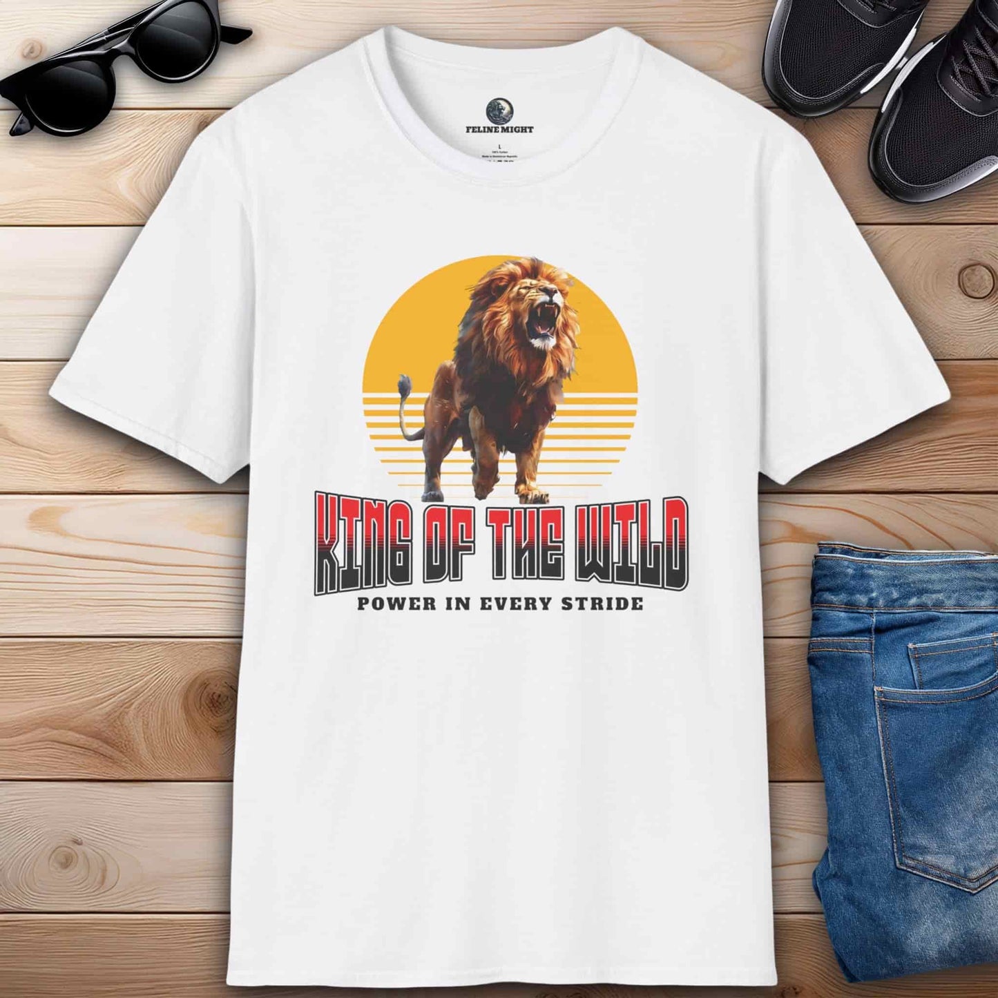 A white King of the Wild Lion T-Shirt featuring a roaring lion graphic with 'King of the Wild' text.