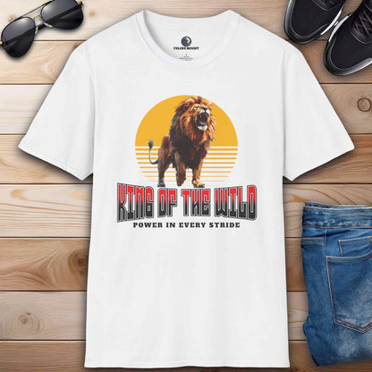 A white King of the Wild Lion T-Shirt featuring a bold lion graphic with the text 'Power in Every Stride'.