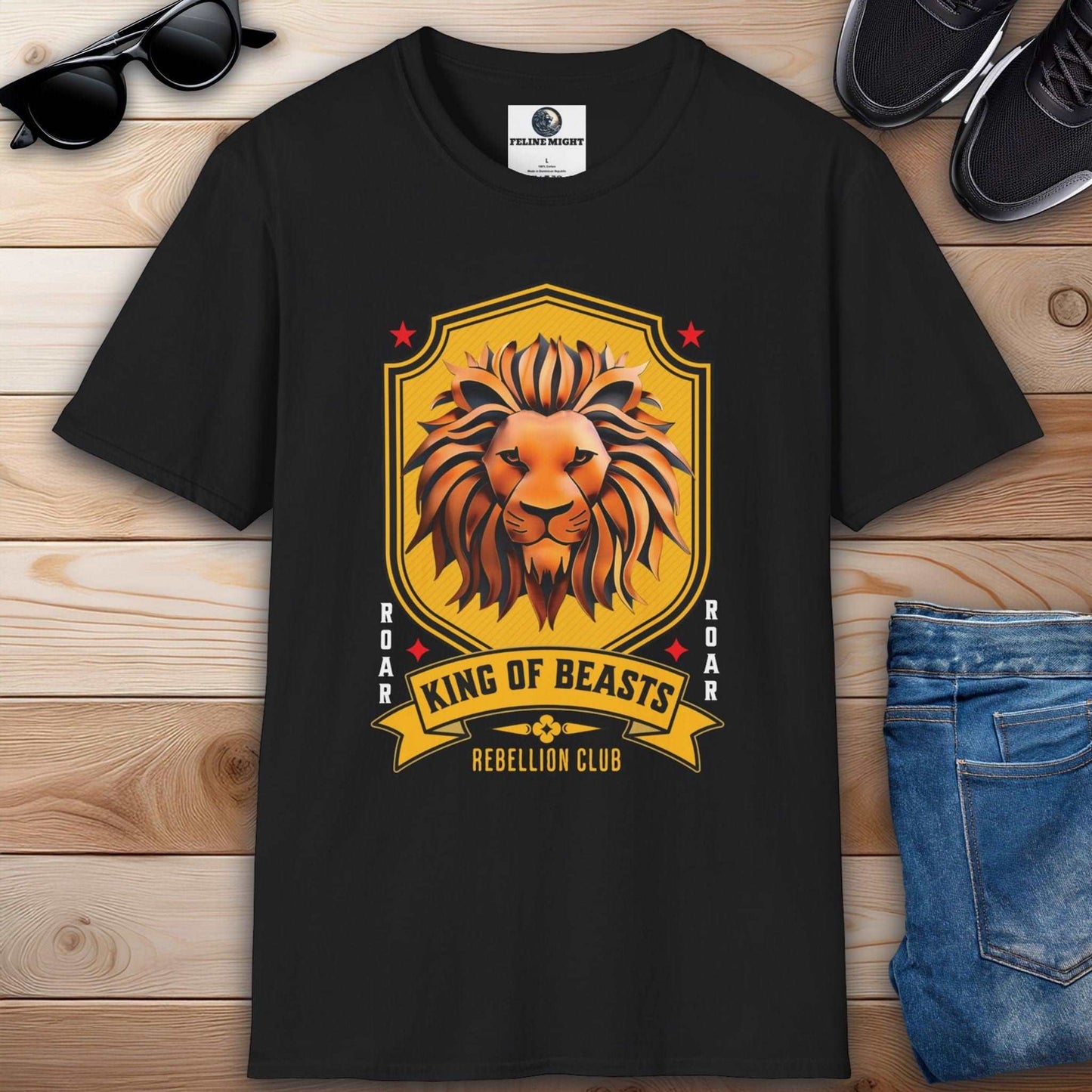 Black T-shirt featuring a lion graphic with the text 'King of Beasts' and 'Rebellion Club'.