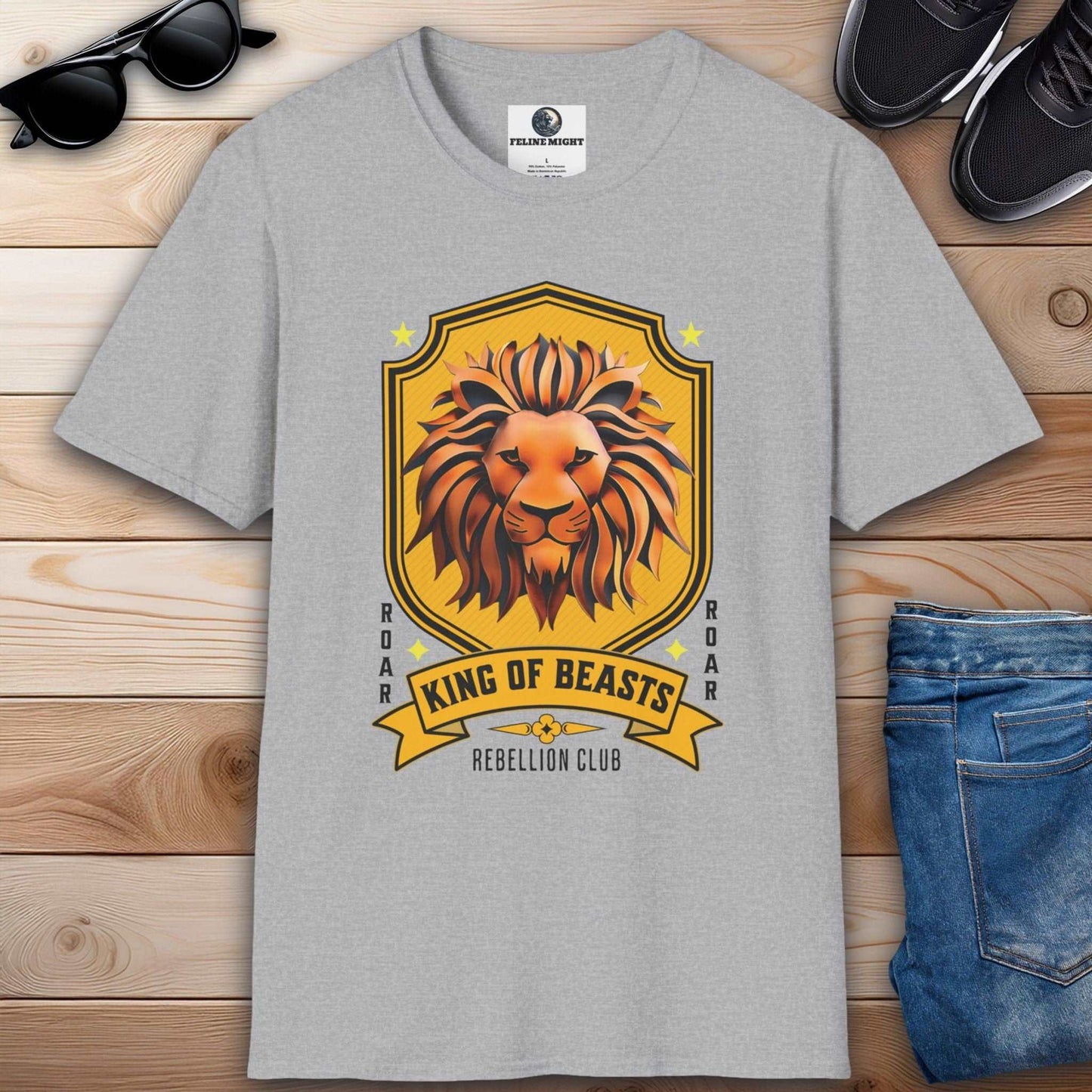 Grey T-shirt featuring a lion graphic with the text 'King of Beasts' and 'Rebellion Club'.