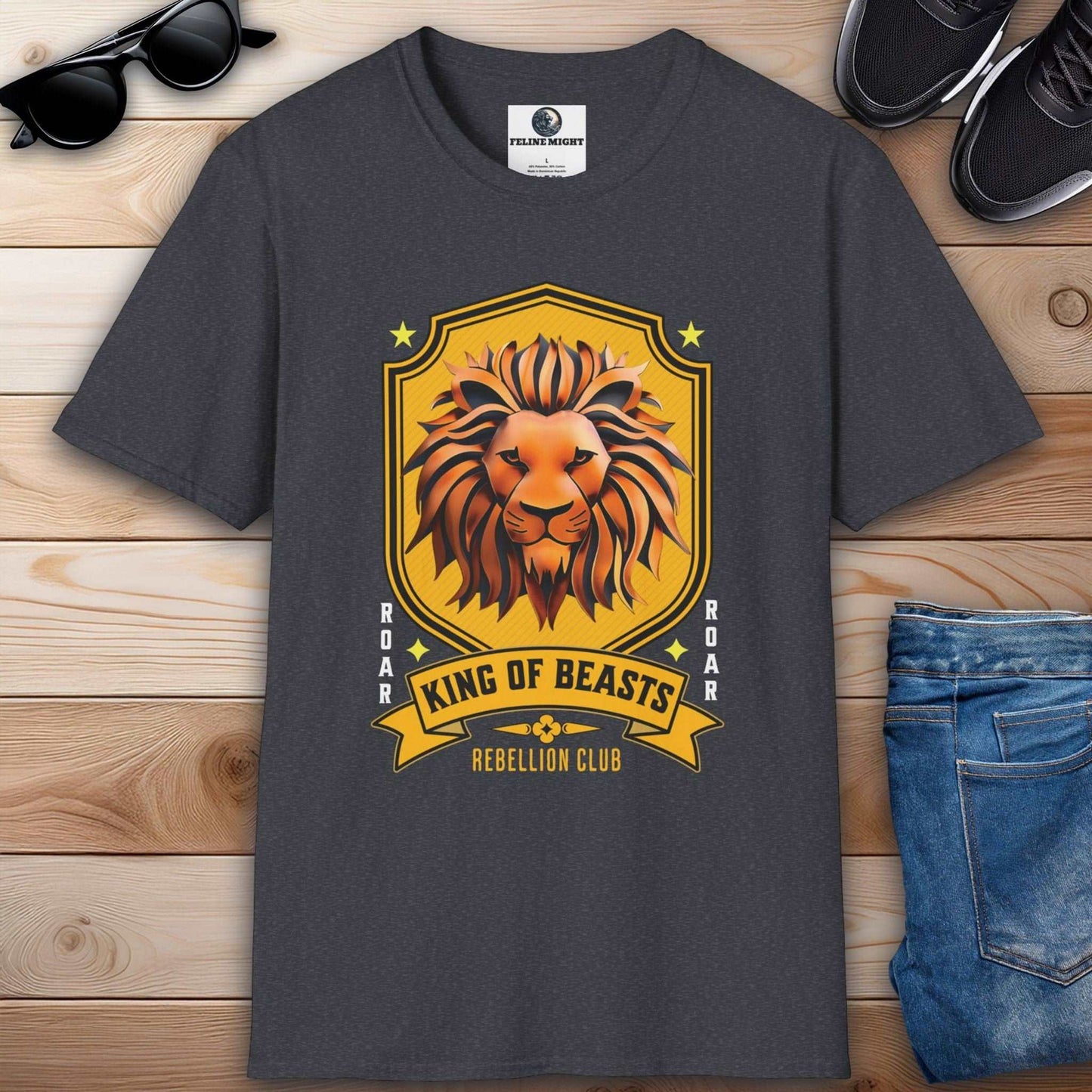 Dark heather grey T-shirt featuring a lion graphic with the text 'King of Beasts' and 'Rebellion Club'.