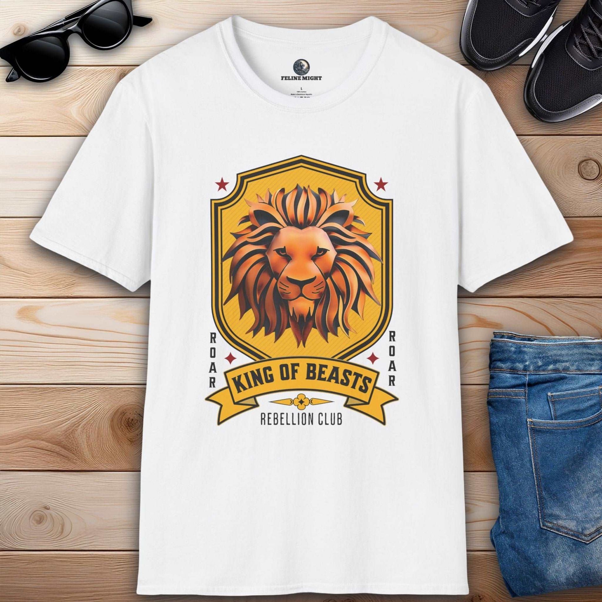 White T-shirt featuring a lion graphic with the text 'King of Beasts' and 'Rebellion Club'.