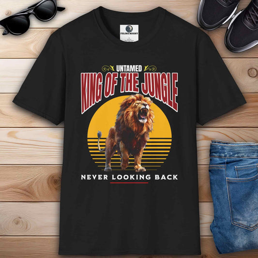 Black t-shirt featuring a roaring lion with the text 'King of the Jungle' and 'Never Looking Back'.