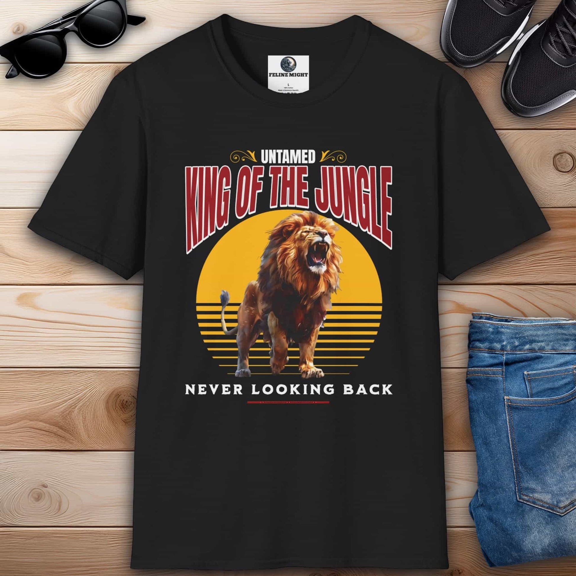 Elegant black t-shirt featuring a roaring lion design with 'King of the Jungle' text