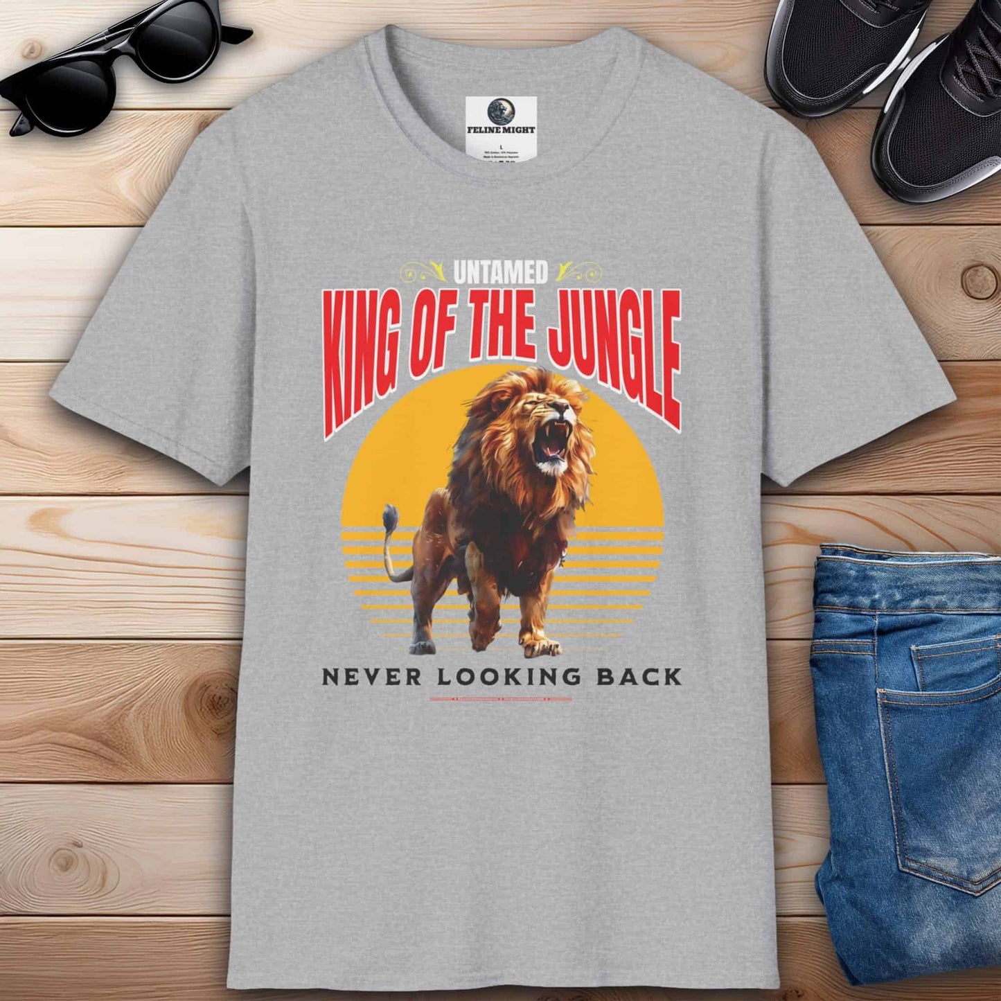 Elegant grey t-shirt featuring a roaring lion design with 'King of the Jungle' text