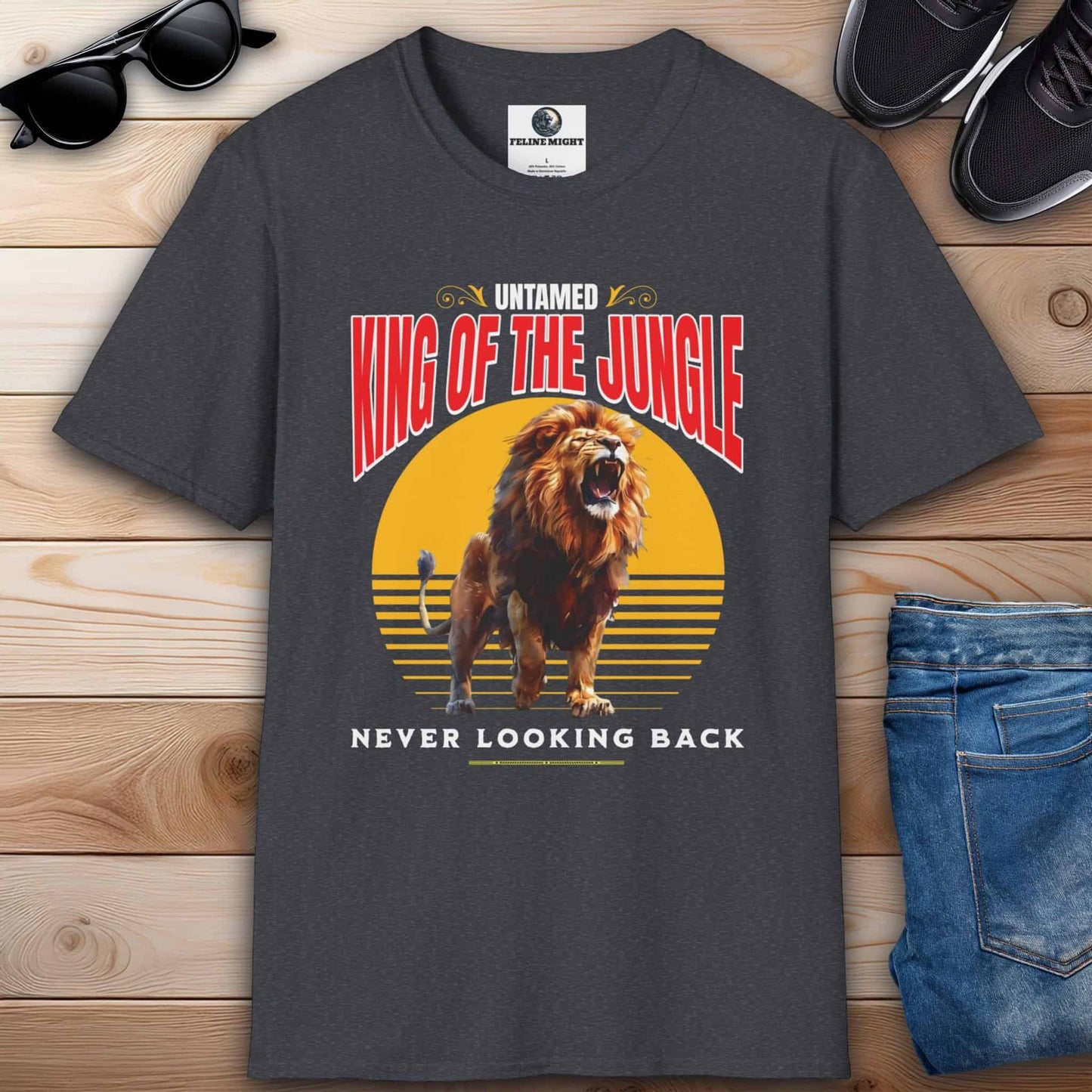 Elegant dark heather grey t-shirt featuring a roaring lion design with 'King of the Jungle' text