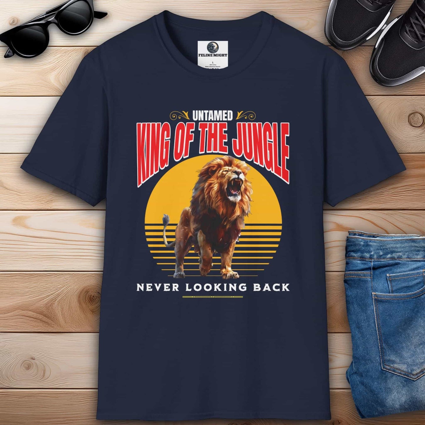 Elegant navy blue t-shirt featuring a roaring lion design with 'King of the Jungle' text