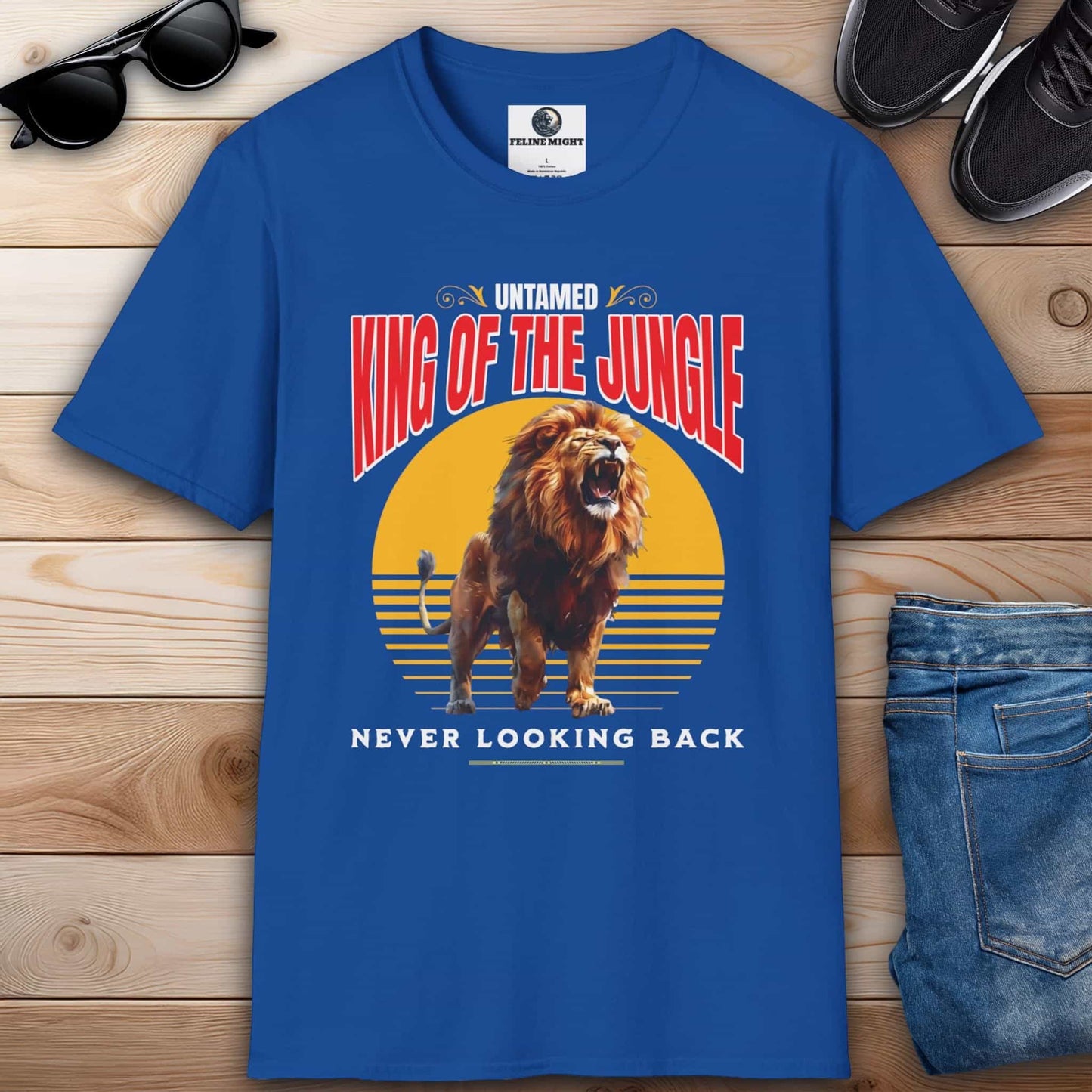 Elegant royal blue t-shirt featuring a roaring lion design with 'King of the Jungle' text