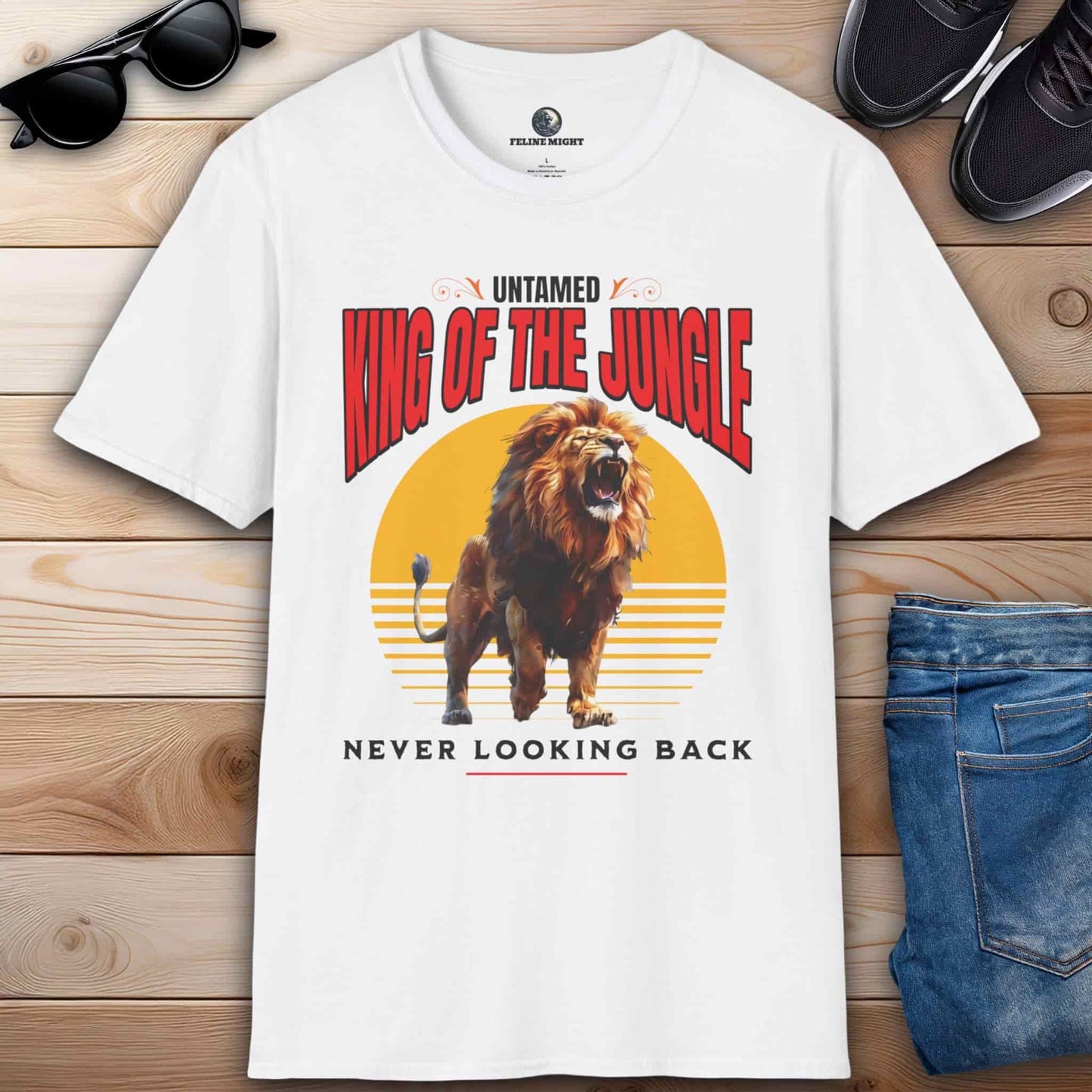 White t-shirt featuring a roaring lion with the text 'King of the Jungle' and 'Never Looking Back'.