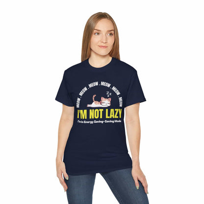 A woman in a navy blue Lazy Cat Funny T-Shirt featuring a sleeping cat with text I'm Not Lazy, perfect for cat lovers and humorous fashion.
