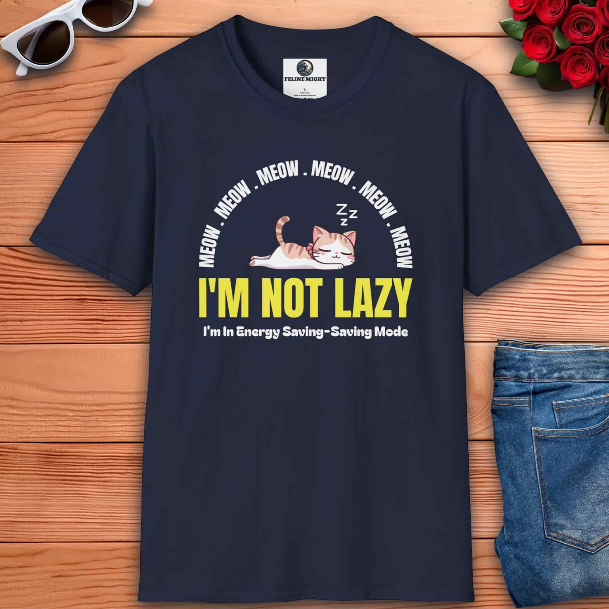 A navy blue Lazy Cat Funny T-Shirt featuring a sleeping cat with text I'm Not Lazy, perfect for cat lovers and humorous fashion.