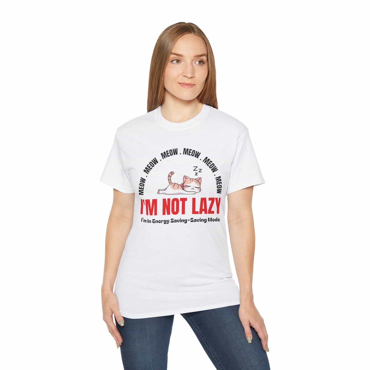 A woman in a white Lazy Cat Funny T-Shirt featuring a sleeping cat with text I'm Not Lazy, perfect for cat lovers and humorous fashion.
