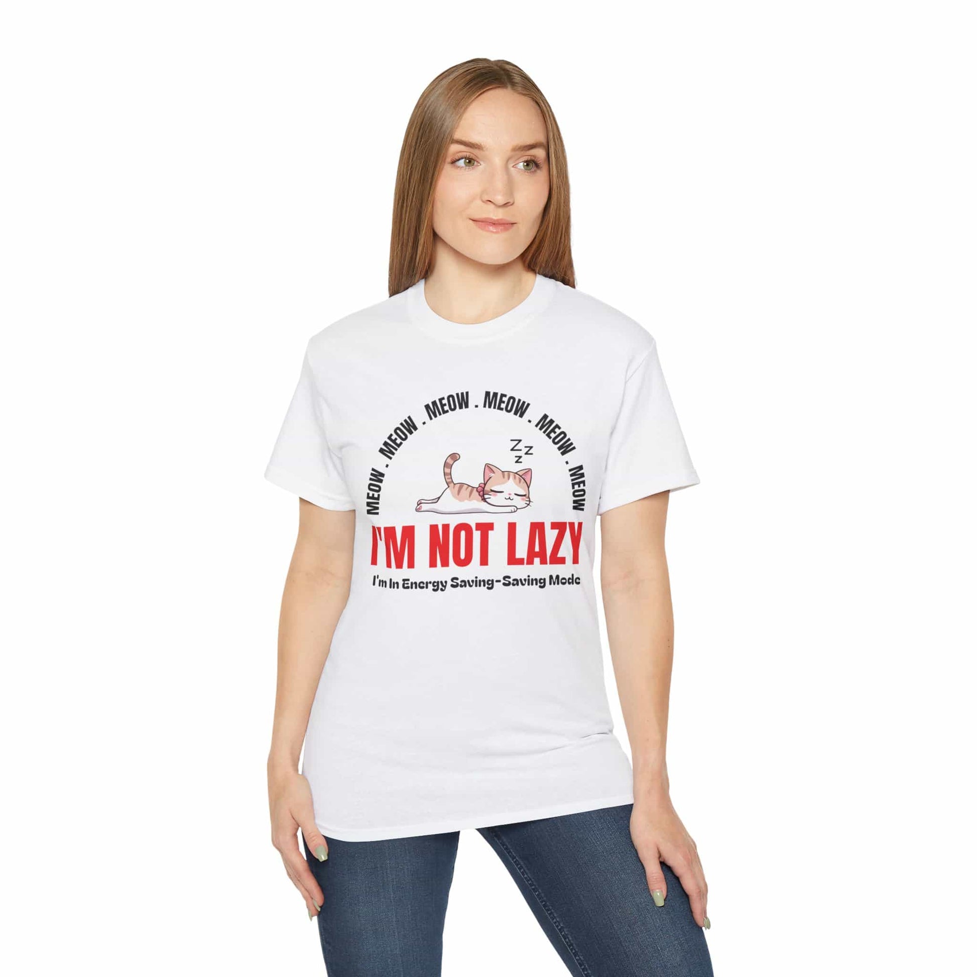 A woman in a white Lazy Cat Funny T-Shirt featuring a sleeping cat with text I'm Not Lazy, perfect for cat lovers and humorous fashion.