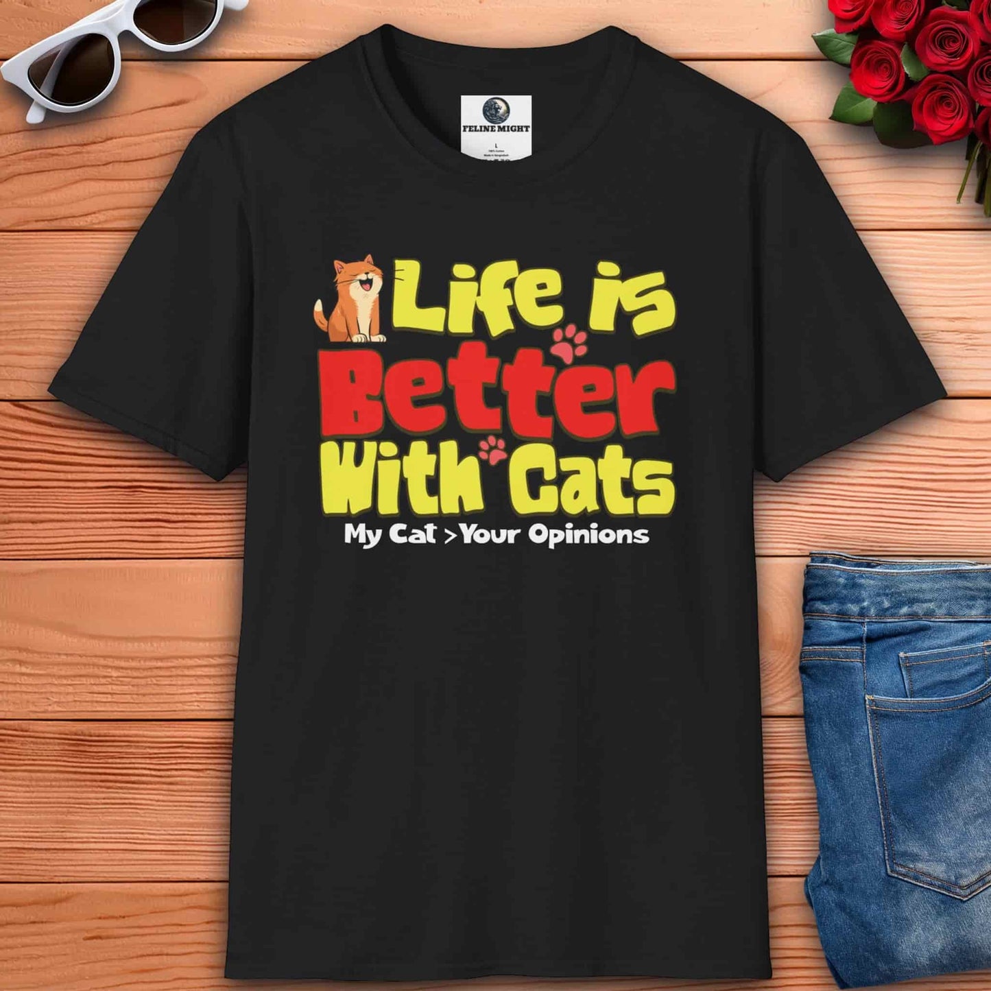 Black t-shirt with 'Life is Better With Cats' slogan and a cat illustration