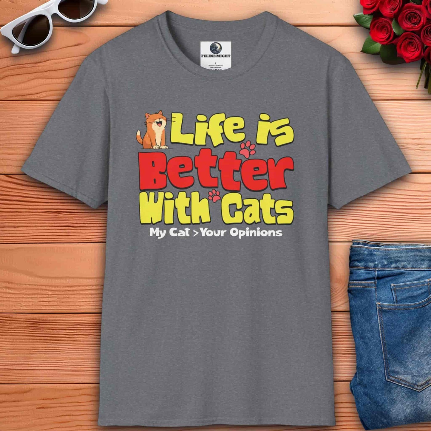 Athletic heather grey t-shirt with 'Life is Better With Cats' slogan and a cat illustration