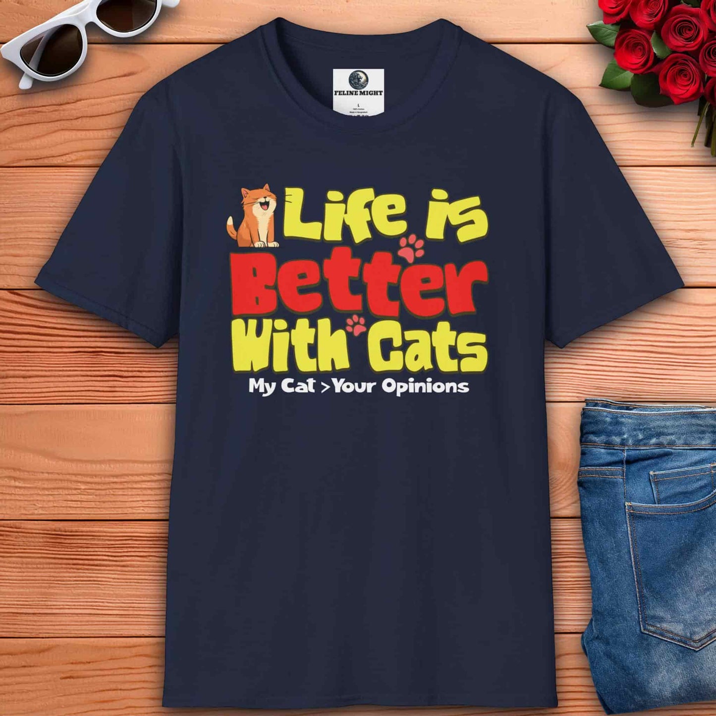 Navy blue t-shirt with 'Life is Better With Cats' slogan and a cat illustration