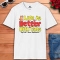 A white Life Is Better with Cats T-Shirt featuring colorful text and a cat graphic, perfect gift for cat lovers.