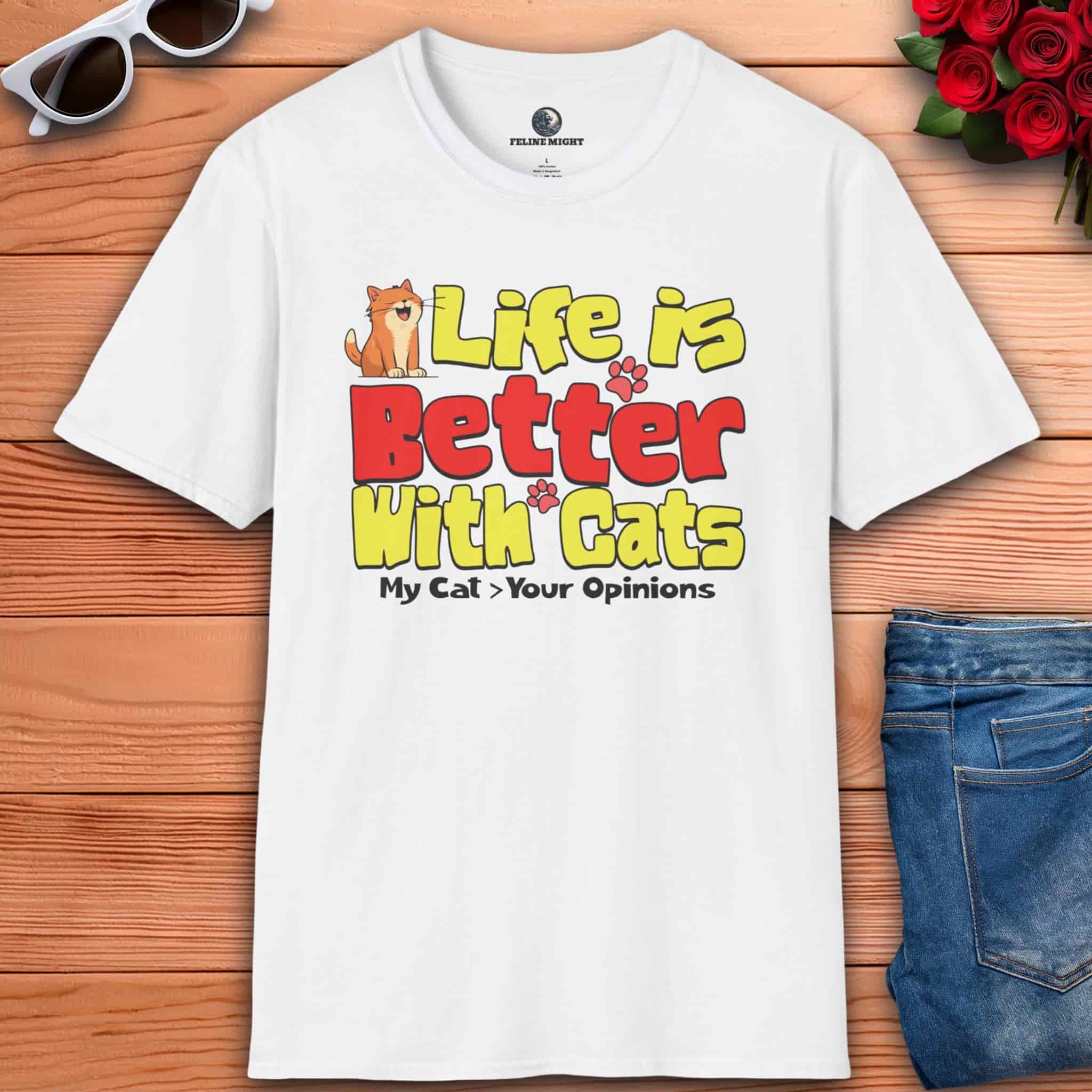 A white Life Is Better with Cats T-Shirt featuring colorful text and a cat graphic, perfect gift for cat lovers.