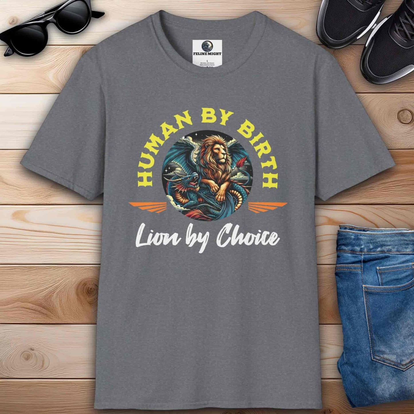 Athletic heather grey t-shirt with 'Human by Birth, Lion by Choice' graphic design featuring a lion and dragon.