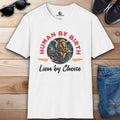 A white Lion Emblem Graphic T-Shirt on a wooden surface, showcasing a bold design for those who lead boldly and never settle for average.