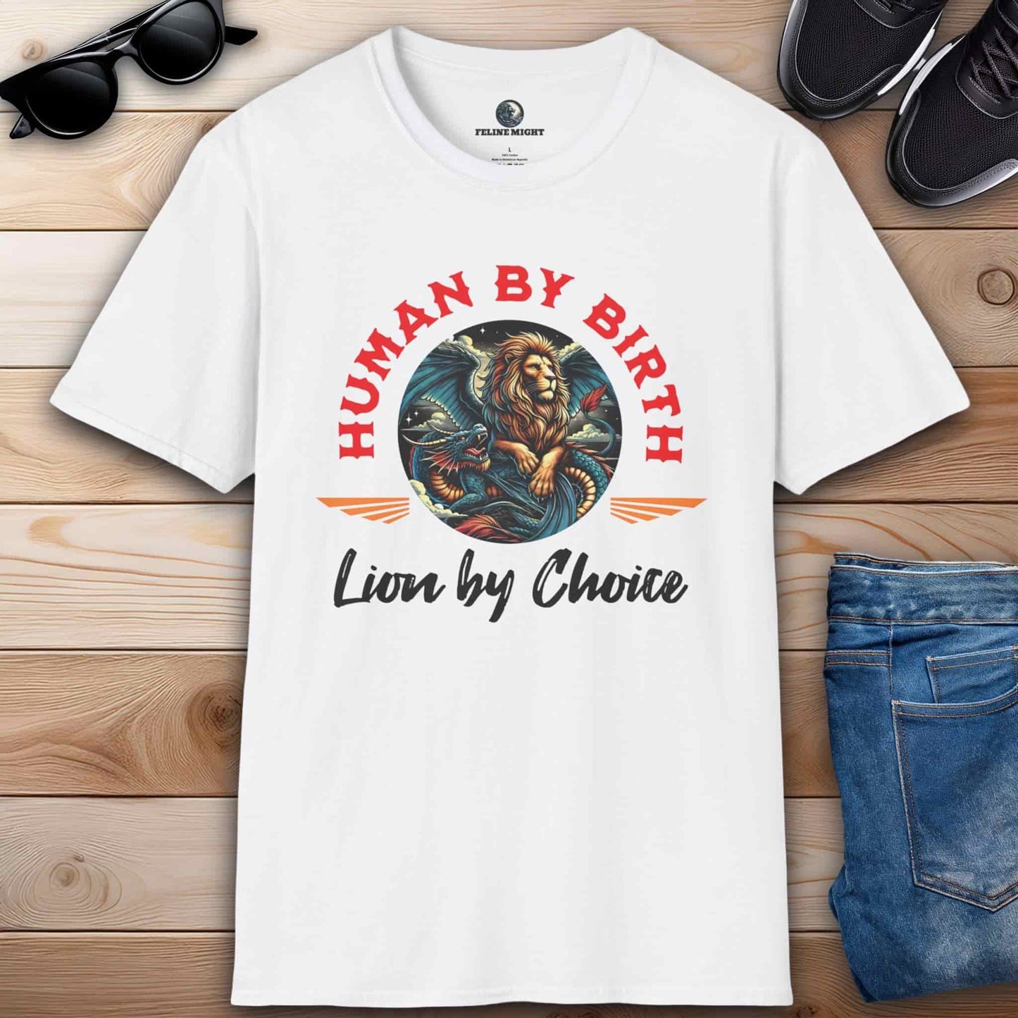 White t-shirt with 'Human by Birth, Lion by Choice' graphic design featuring a lion and dragon.