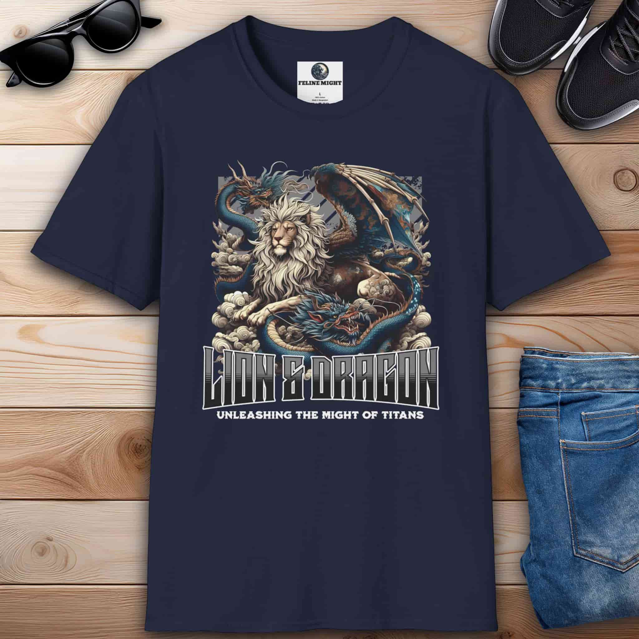 A navy blue Lion and Dragon Might of Titans T-Shirt featuring a graphic design with a lion and dragon, showcasing the theme 'Unleashing the Might of Titans.'